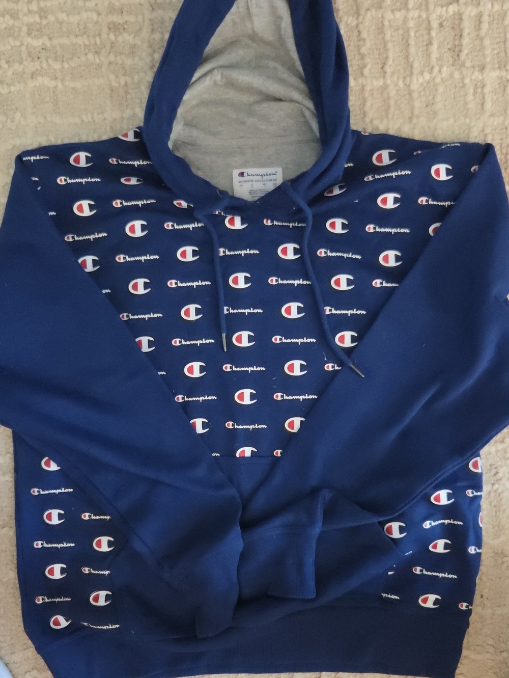Champion Men's L Blue Allover Script Logo Fleece Pullover Hoodie Large NWOT